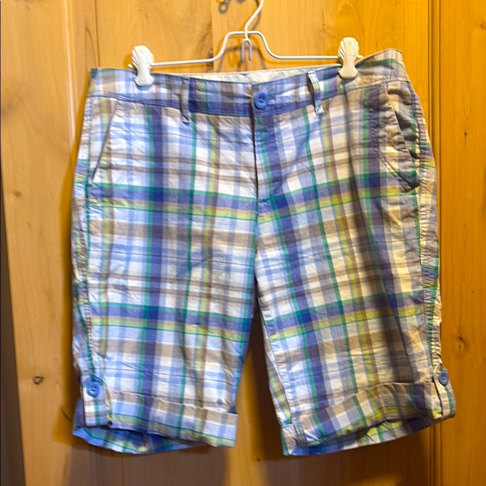 Eddie Bauer Blue and Green Flat Front Shorts